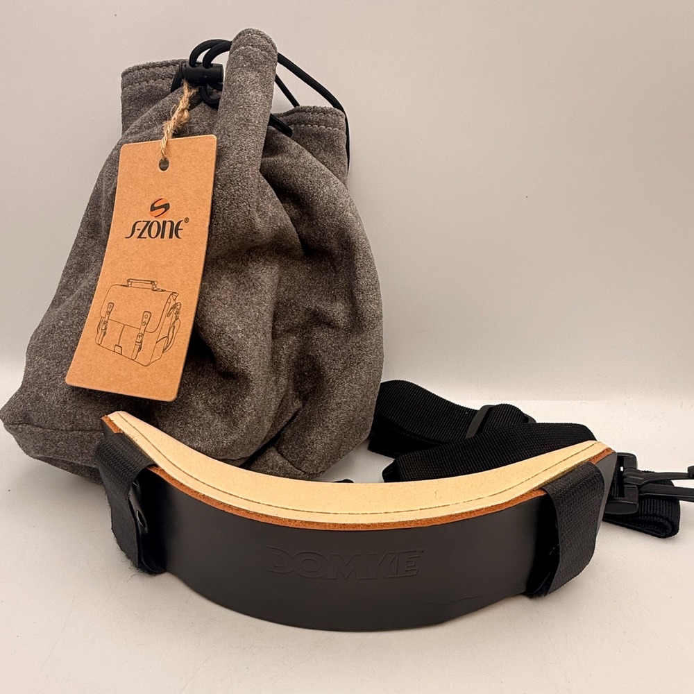 Domke Black Leather Shoulder Strap Pad & S-ZONE Gray Padded Drawstring Pouch NEW
